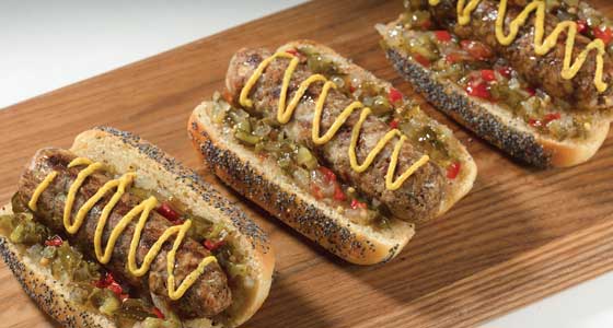 Protein-enhanced poppy seed bun and vegan hot dog.