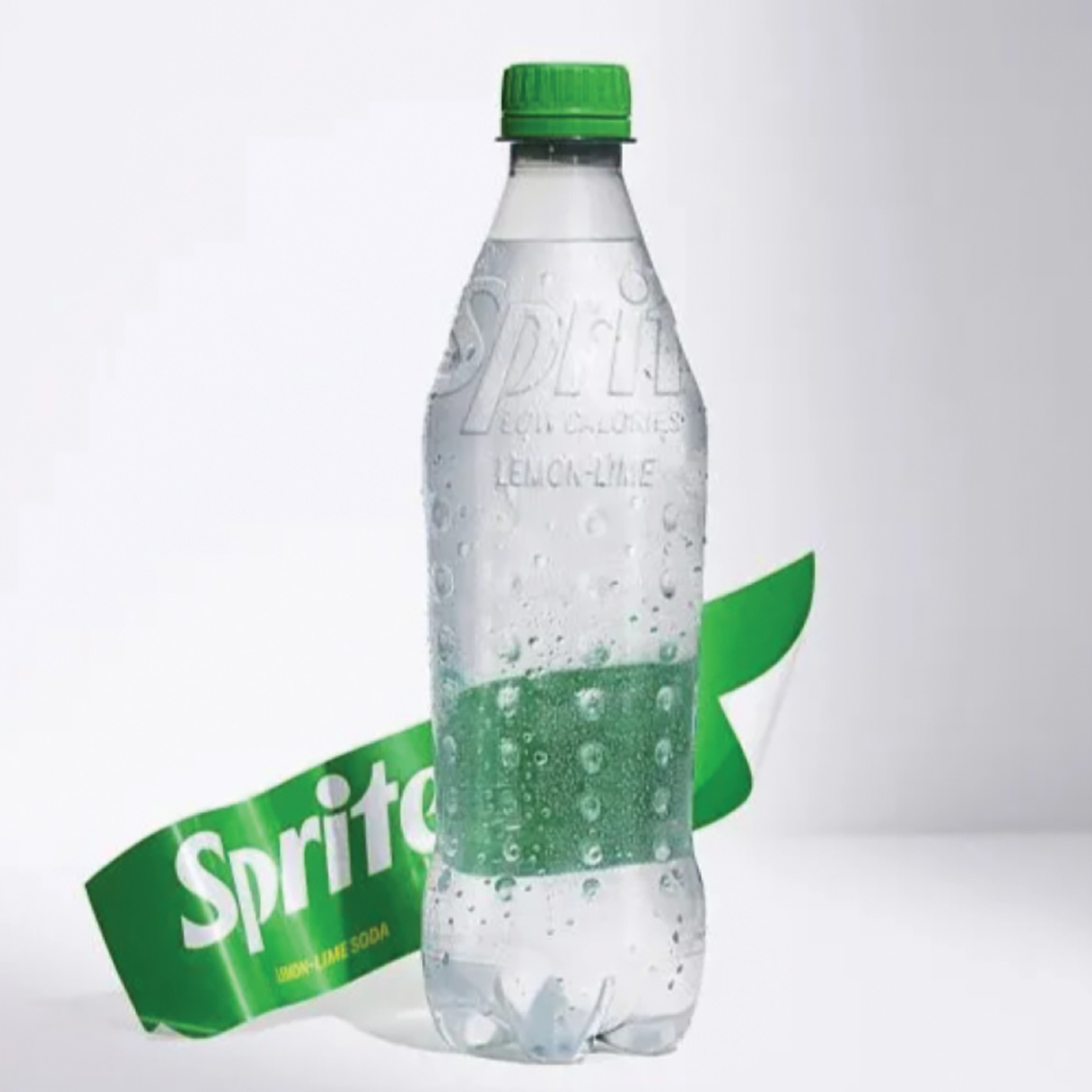 label-less Sprite bottles made from 100% recycled PET (excluding the cap) by using an embossed logo and laser-engraved QR code for product information