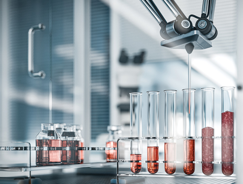 Lab grown beef in test tubes: Exploring in-vitro meat production with pick and place robot - 3D render