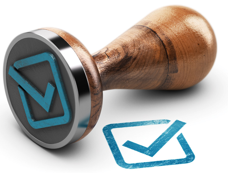 Blue check mark and rubber stamp