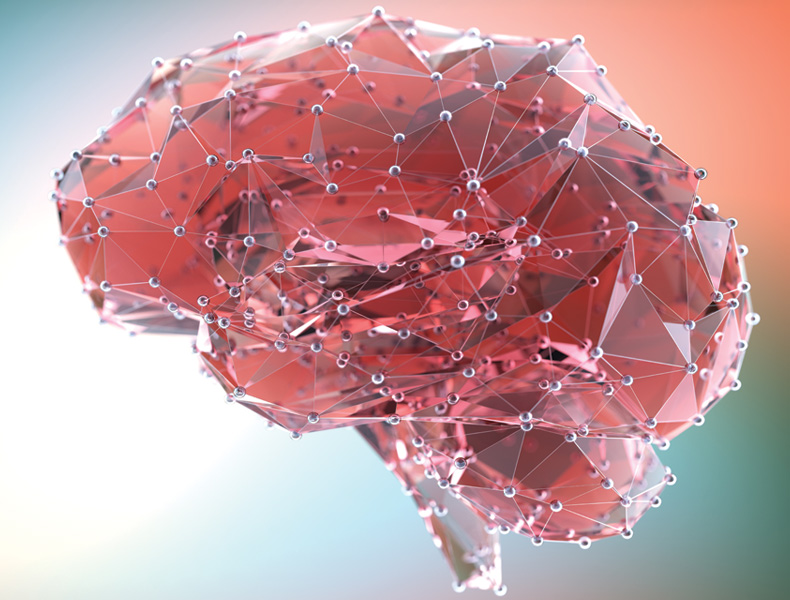 Illustration of Innovative technologies in (AI) artificial systems, neural interfaces and internet machine learning technologies.