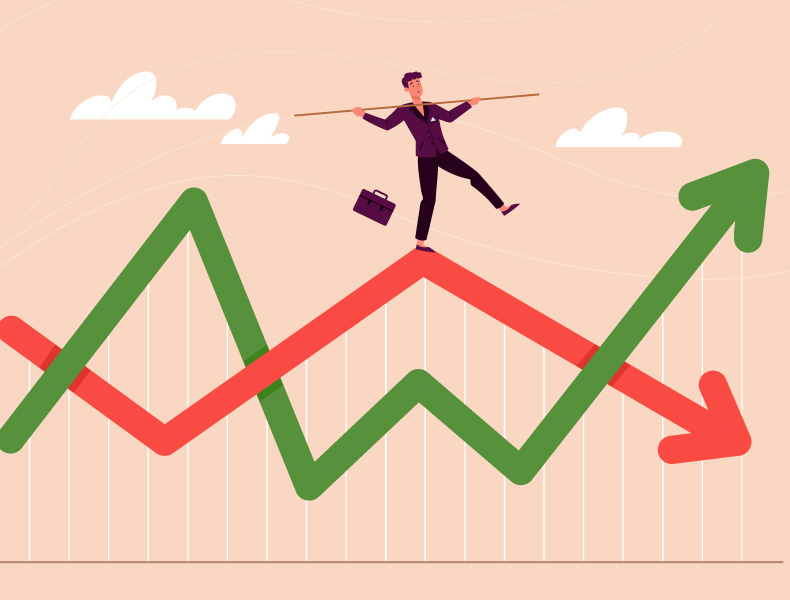 Illustration of person balancing on graph lines trending in opposite directions.