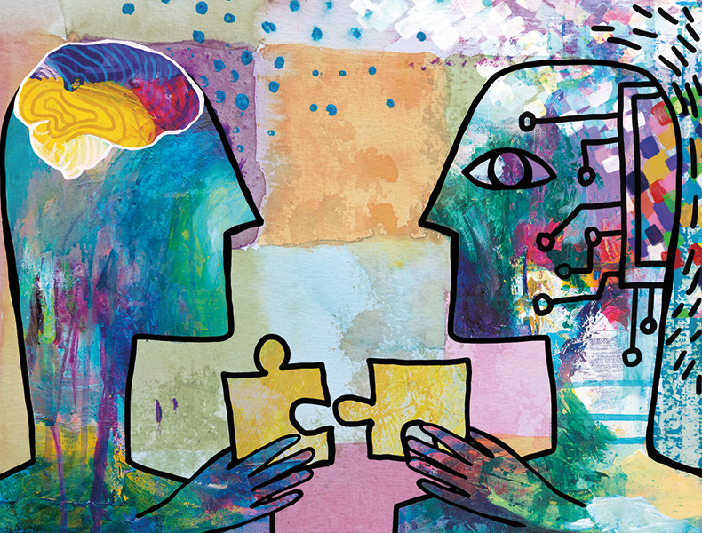 Robot  and human cooperation. Connecting puzzle pieces. Solving problems.