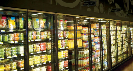 Fresh prepared foods in refrigerated case.
