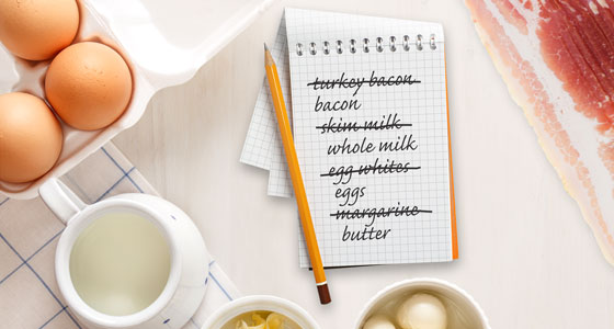 Eggs, bacon, butter, cheese and milk