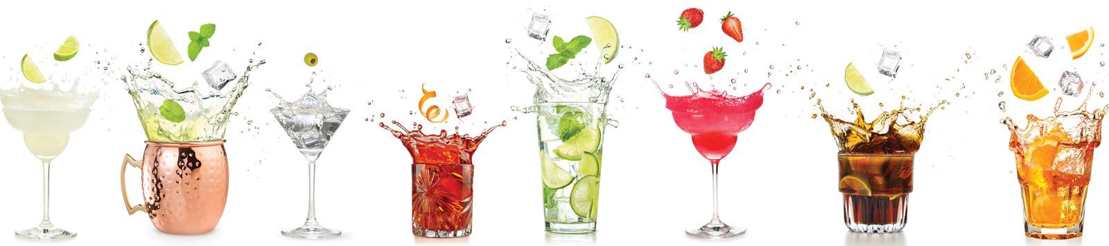 Beverages lined up in glasses