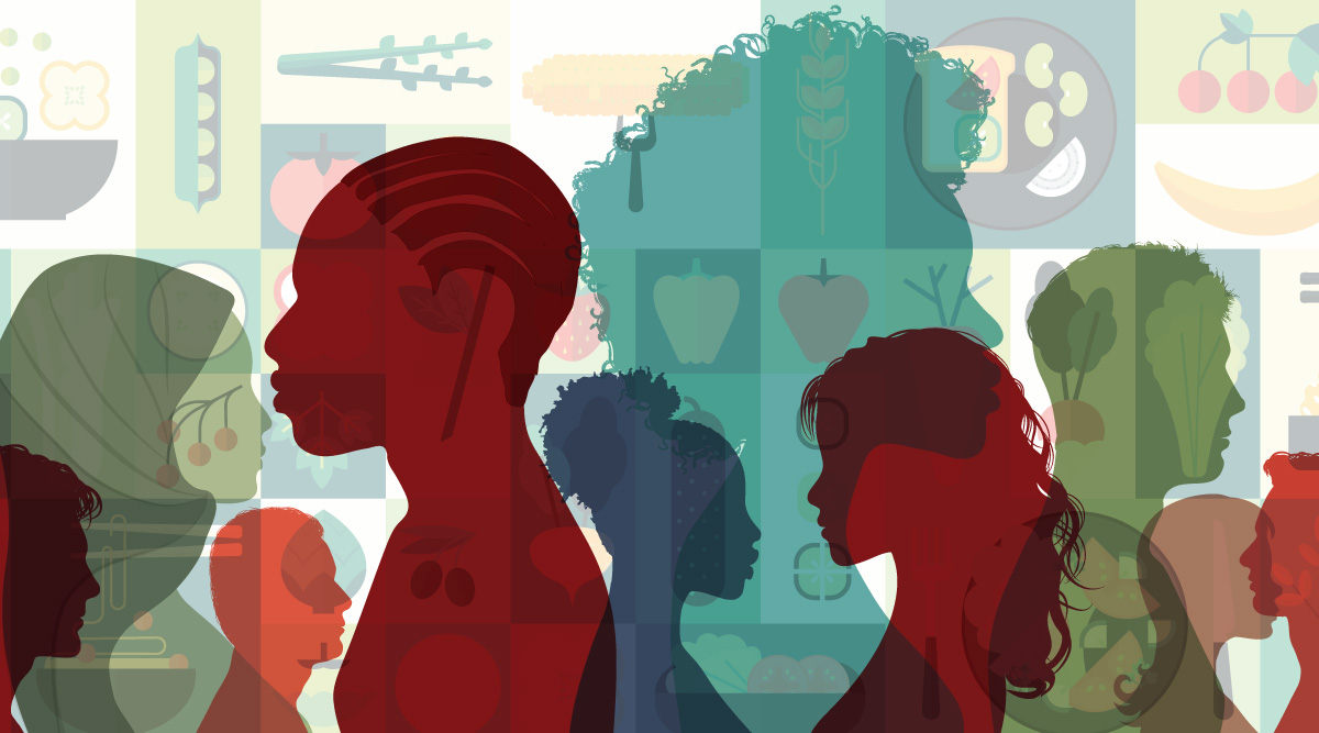 Illustration of silhouettes of people and food.