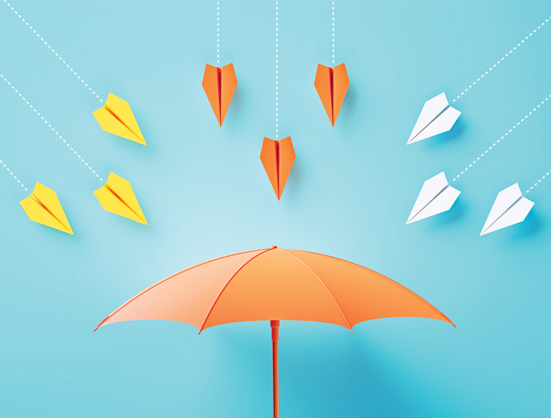 Paper Planes Flying Towards A Coral Colored Umbrella