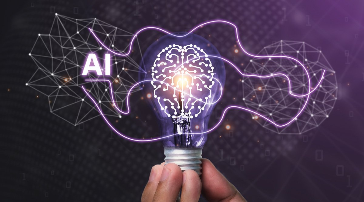 AI creates tools modern innovation Image of the brain in a light bulb with circuit boards. Concept of future global connectivity innovations to enable access to information and online networks.