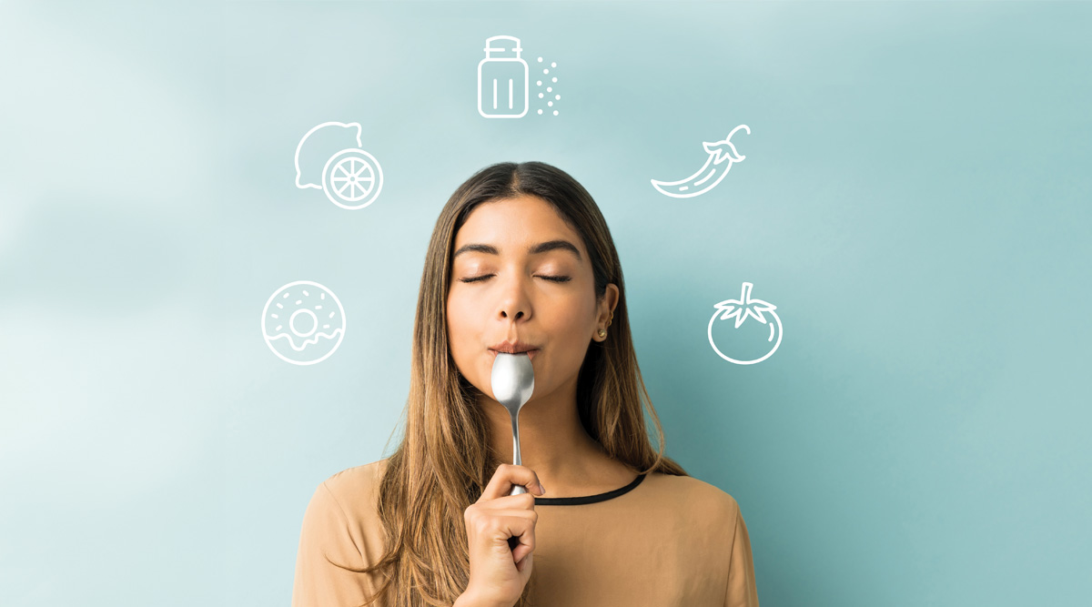 young woman tasting a spoon with icons of different taste buds.