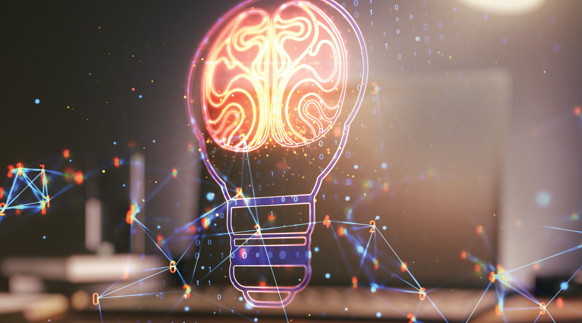 Creative light bulb with human brain hologram on modern laptop background, artificial Intelligence and neural networks concept.