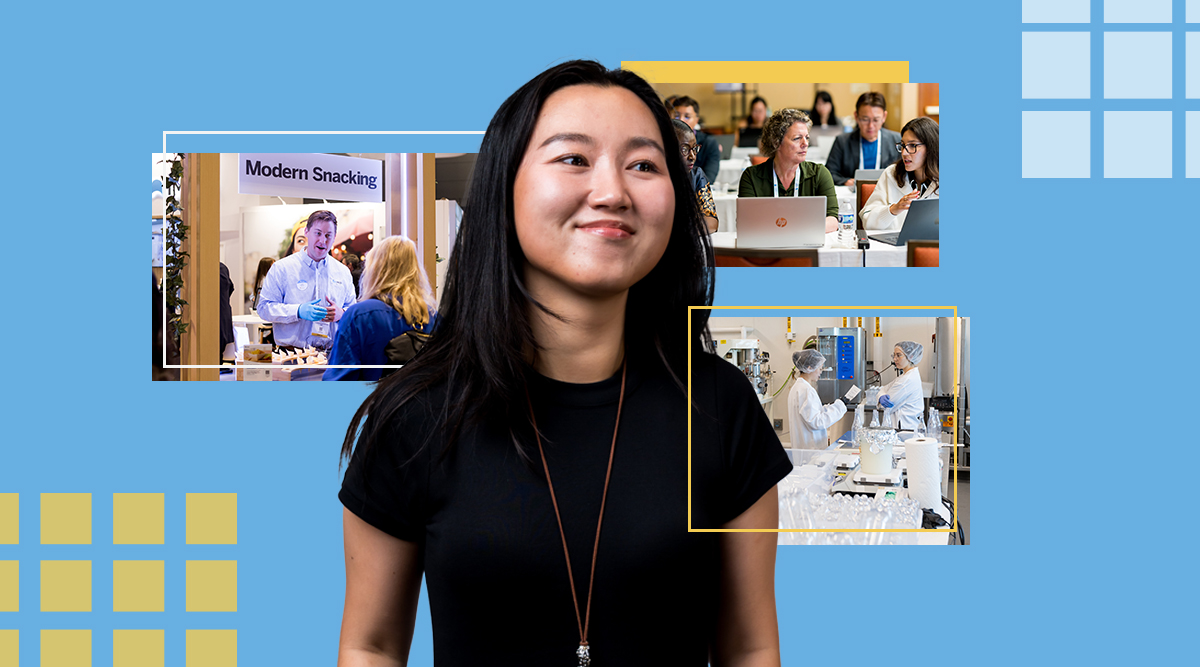 Young woman smiling with surrounding square graphics of an exhibitor and attendee speaking at an expo booth, professionals working on laptops, and scientists working in a lab