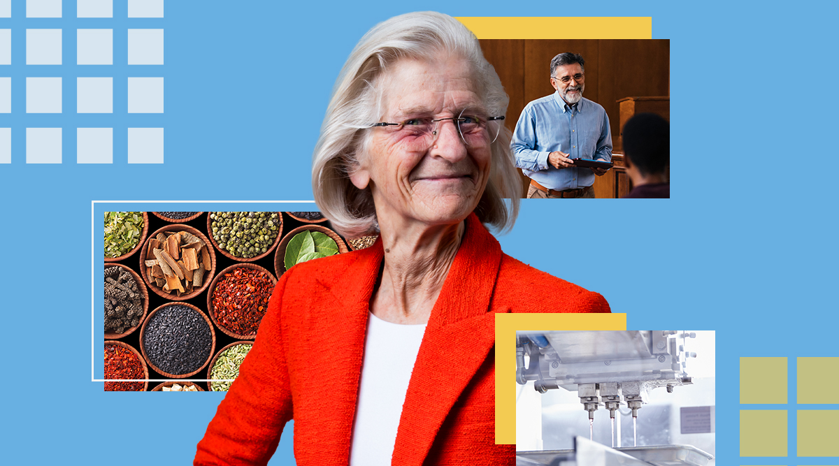 Elder woman smiling with surrounding square graphics of food ingredients in bowls, a man speaking in front of people, and lab equipment