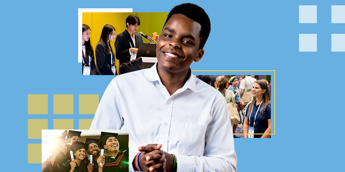 A young male student smiling with surrounding square graphics of graduates, students presenting at IFT FIRST, and a student networking at IFT FIRST