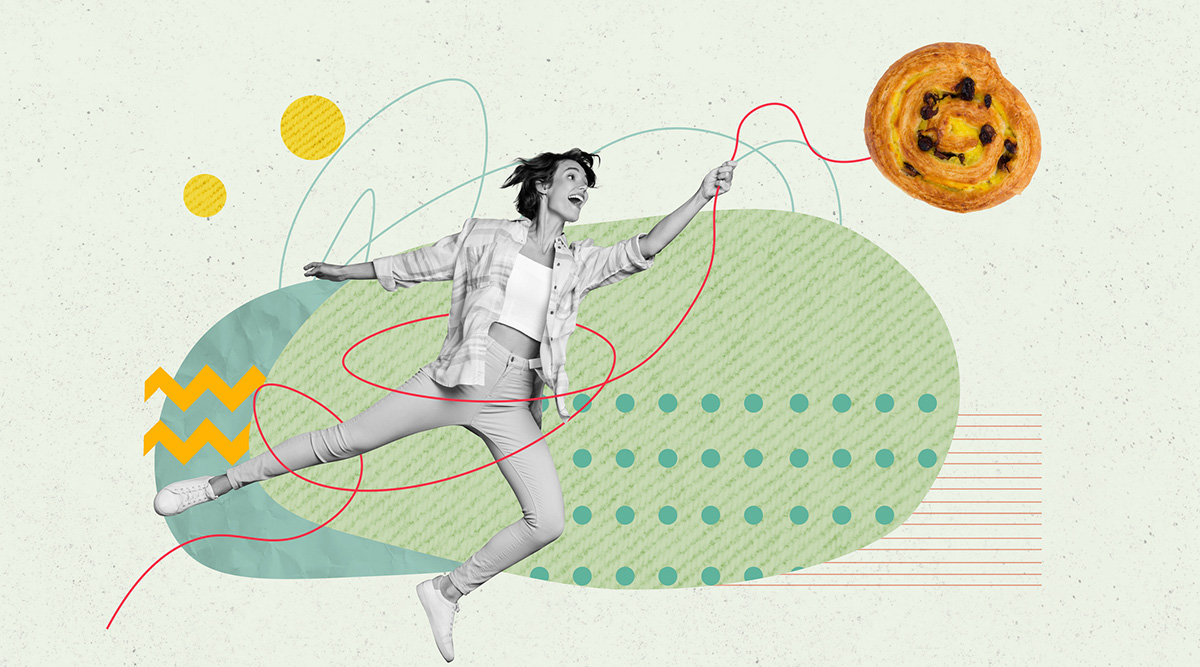 Joyful woman in black and white against a color illustration holding a string attached to a pastry