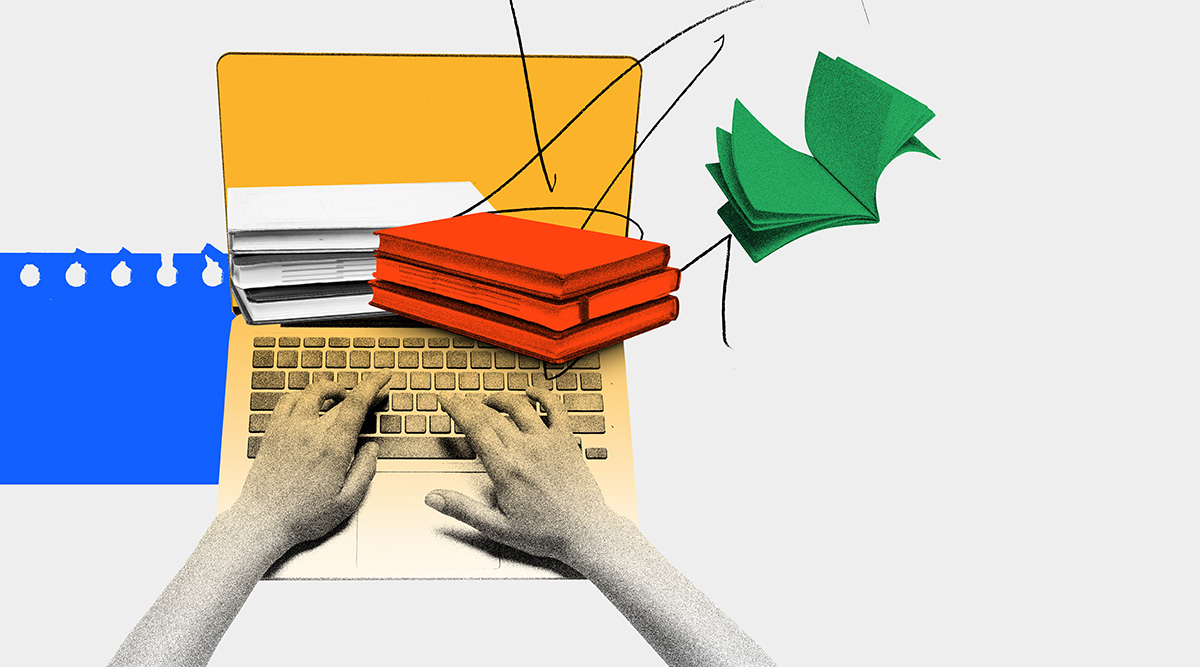 Hands typing on a laptop with books stacked and flying.