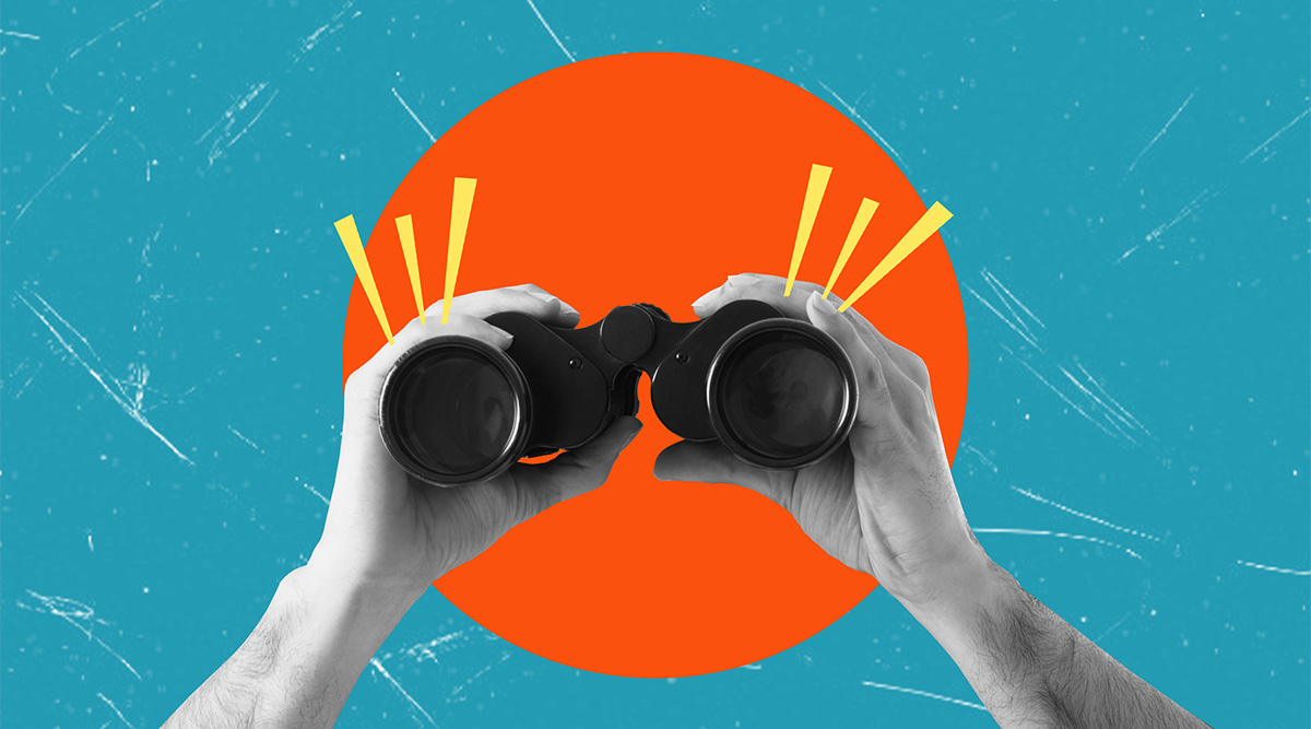 Black and white hands holding binoculars with a red circle behind it.