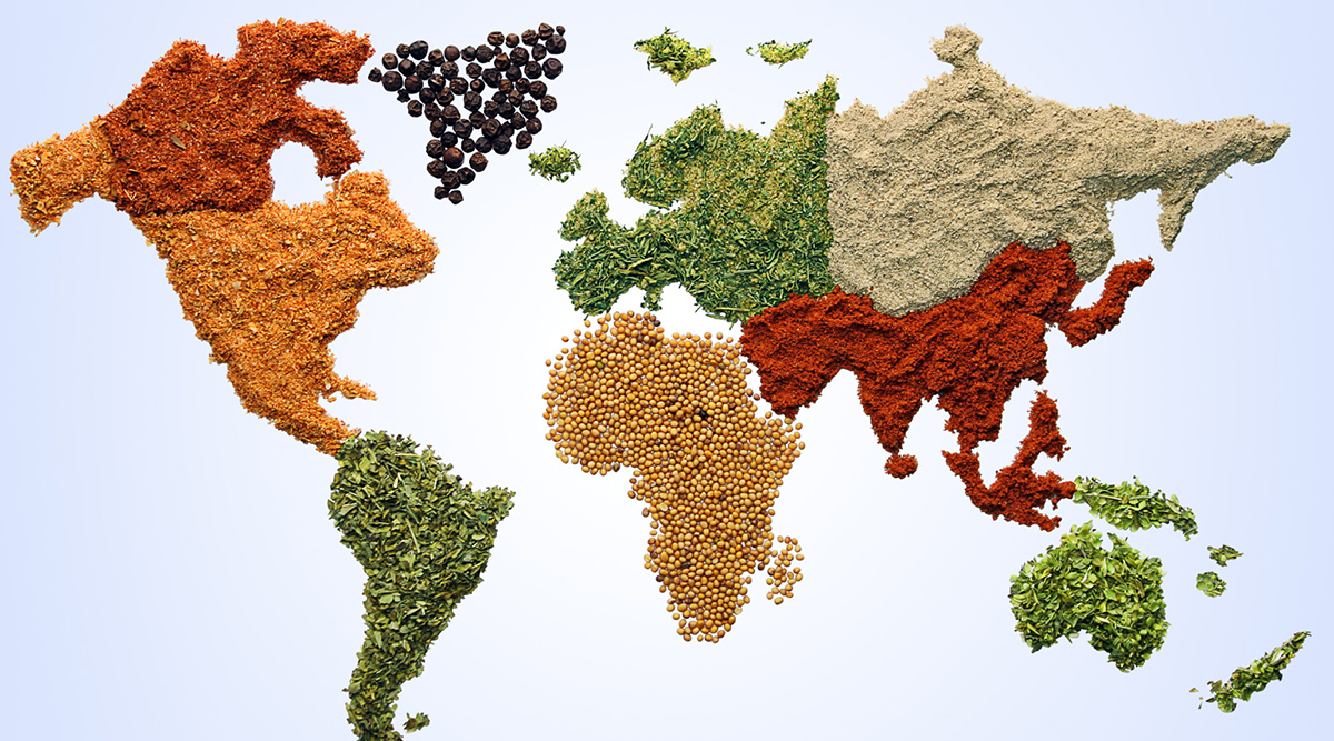 a world map of colorful spices indicating the trade of global food 
